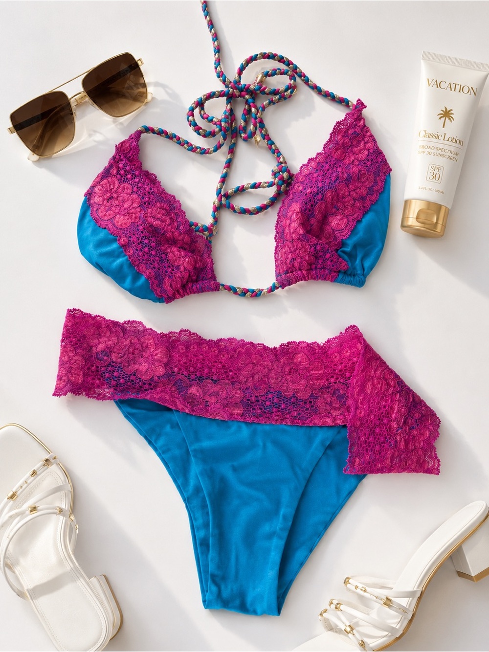 Beach Bunny - Womenβs Two-Piece Lace Trim Bikini in Fuchsia and Teal